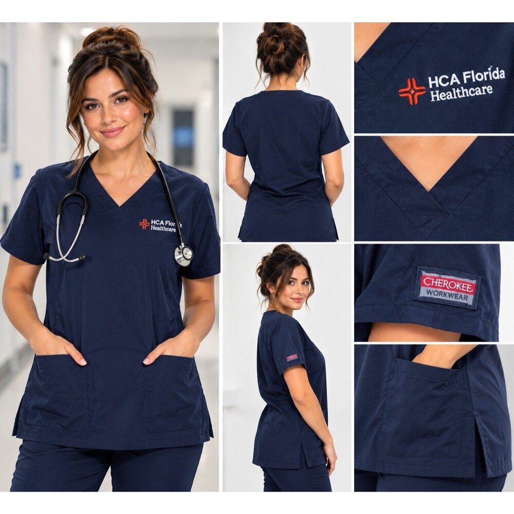 Cherokee Workwear Women's Scrub Top Large Navy Blue HCA Florida Healthcare